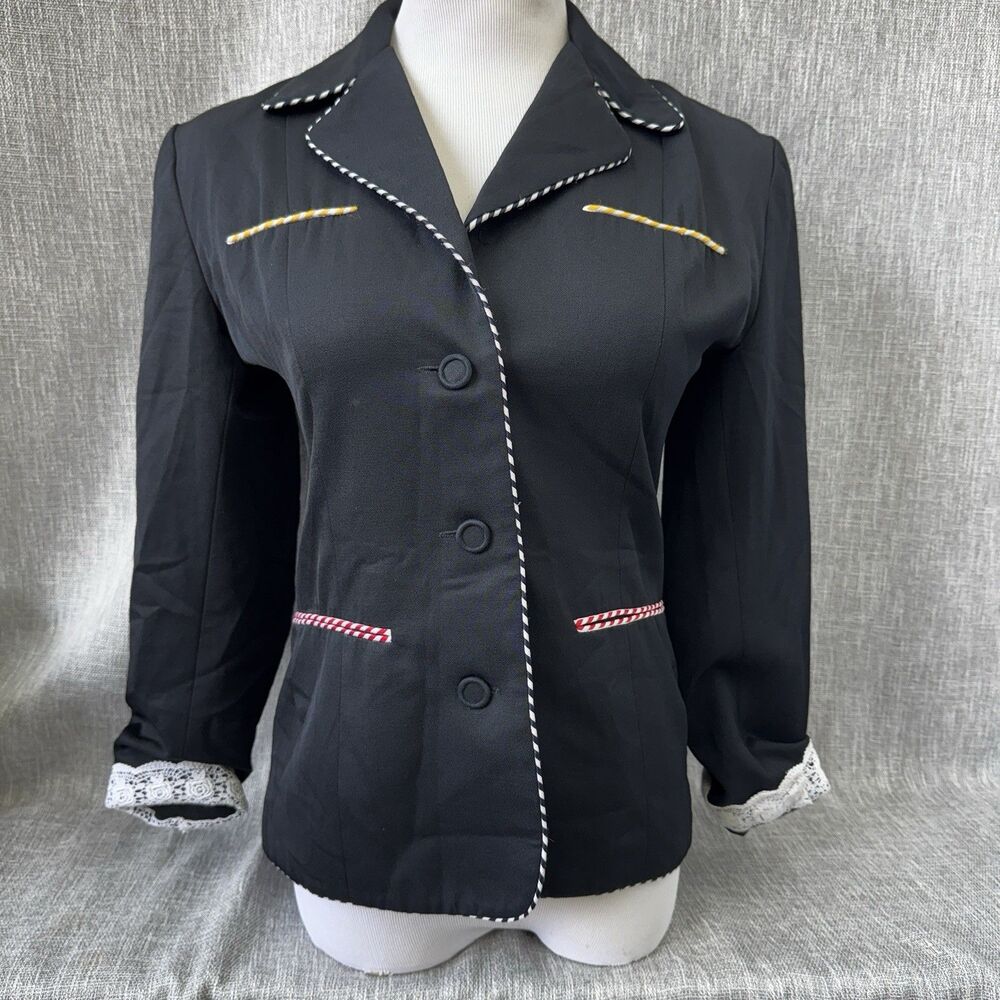 Vintage Bergdorf Goodman Wool Western Blazer Jacket Lace Cuffs Black Size 4 USA⁠